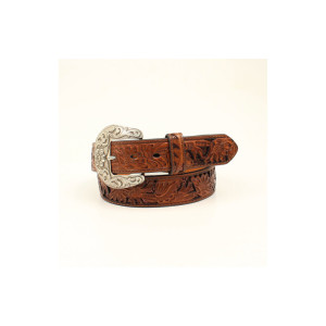 nocona women's brown floral tooled overlay leather belt