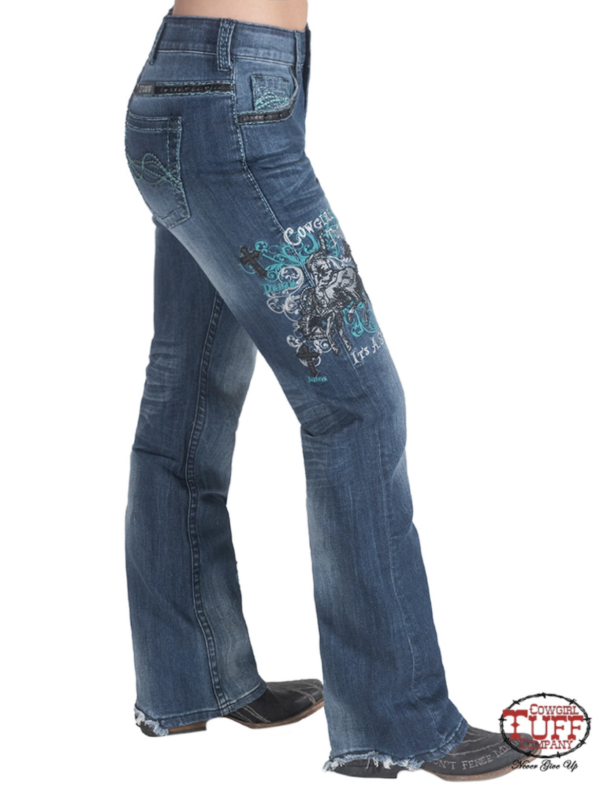 Cowgirl Tuff Womens Jeans Turquoise Spirit Natural Waist Unbelieveable Fit Boot Cut